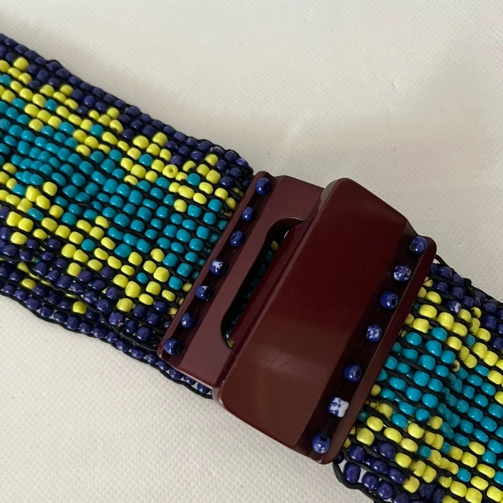 Stretchy Wide Blue Yellow /Green Beaded Wood Buckle Belt
